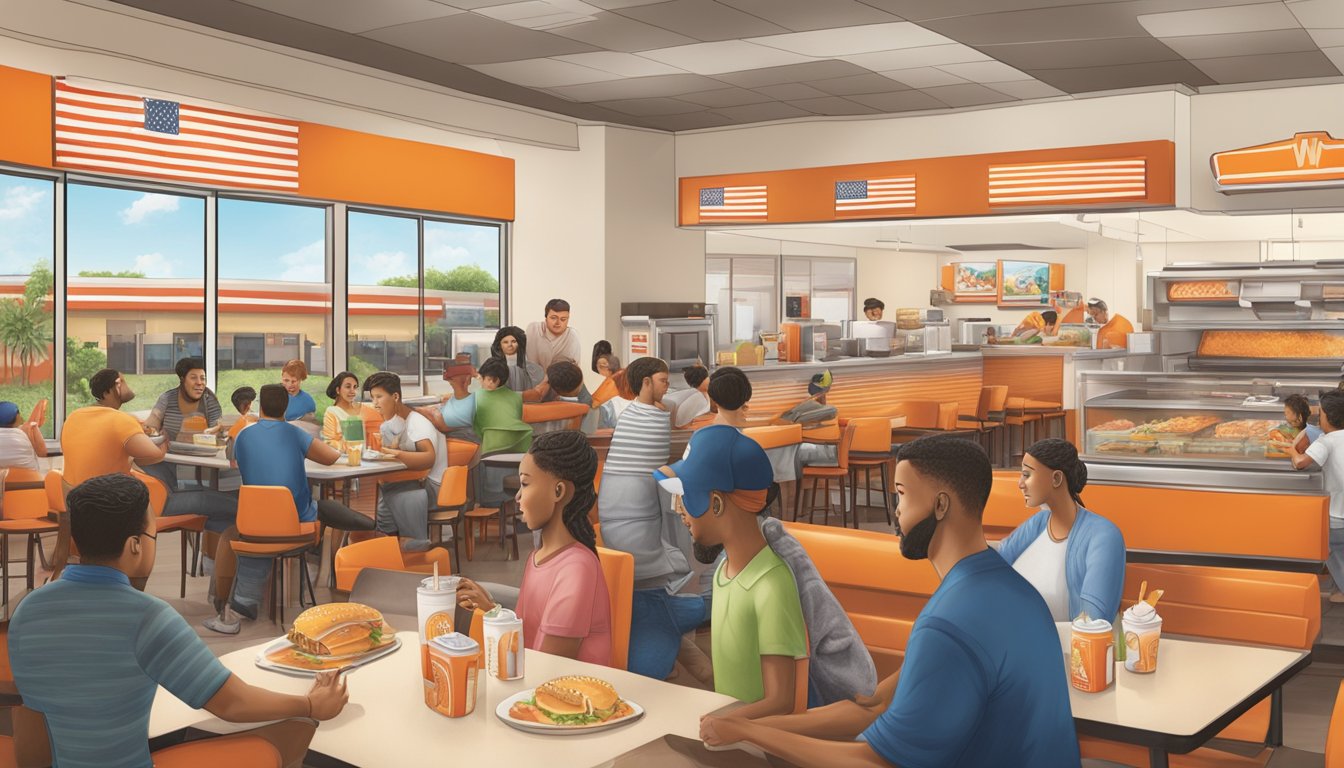 A bustling Whataburger in McAllen, Texas, with families and friends enjoying their meals, while the staff engages with the community