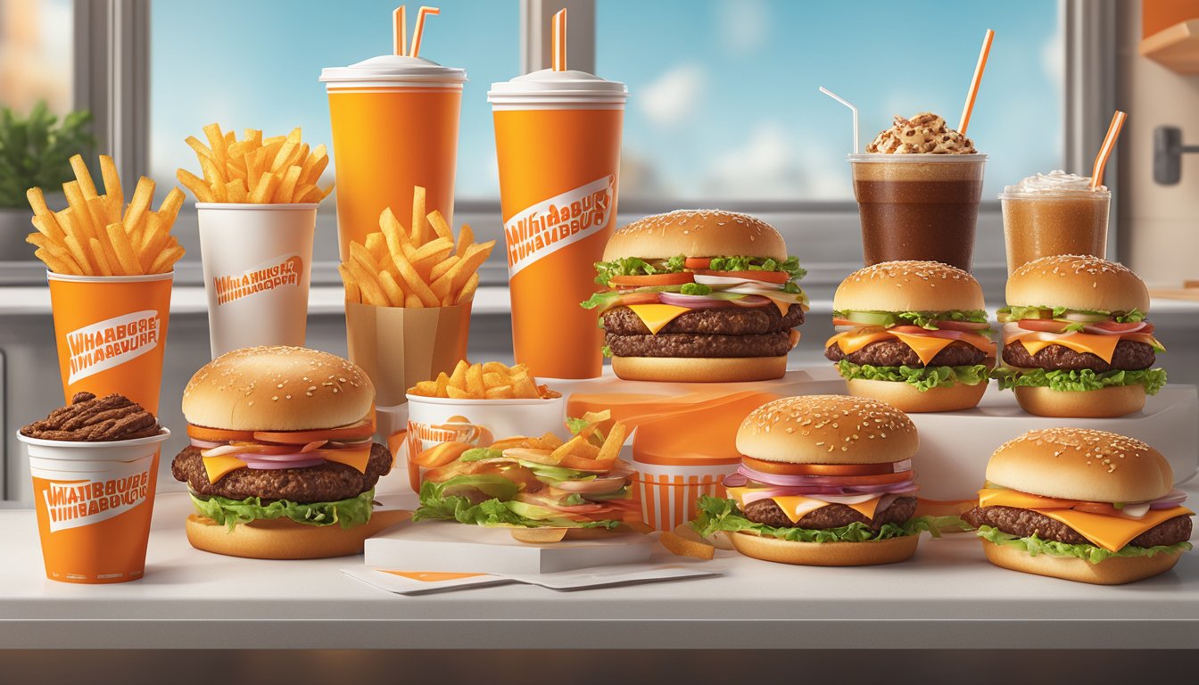 A colorful display of Whataburger's additional offerings, including burgers, fries, drinks, and desserts, arranged on a clean and modern counter