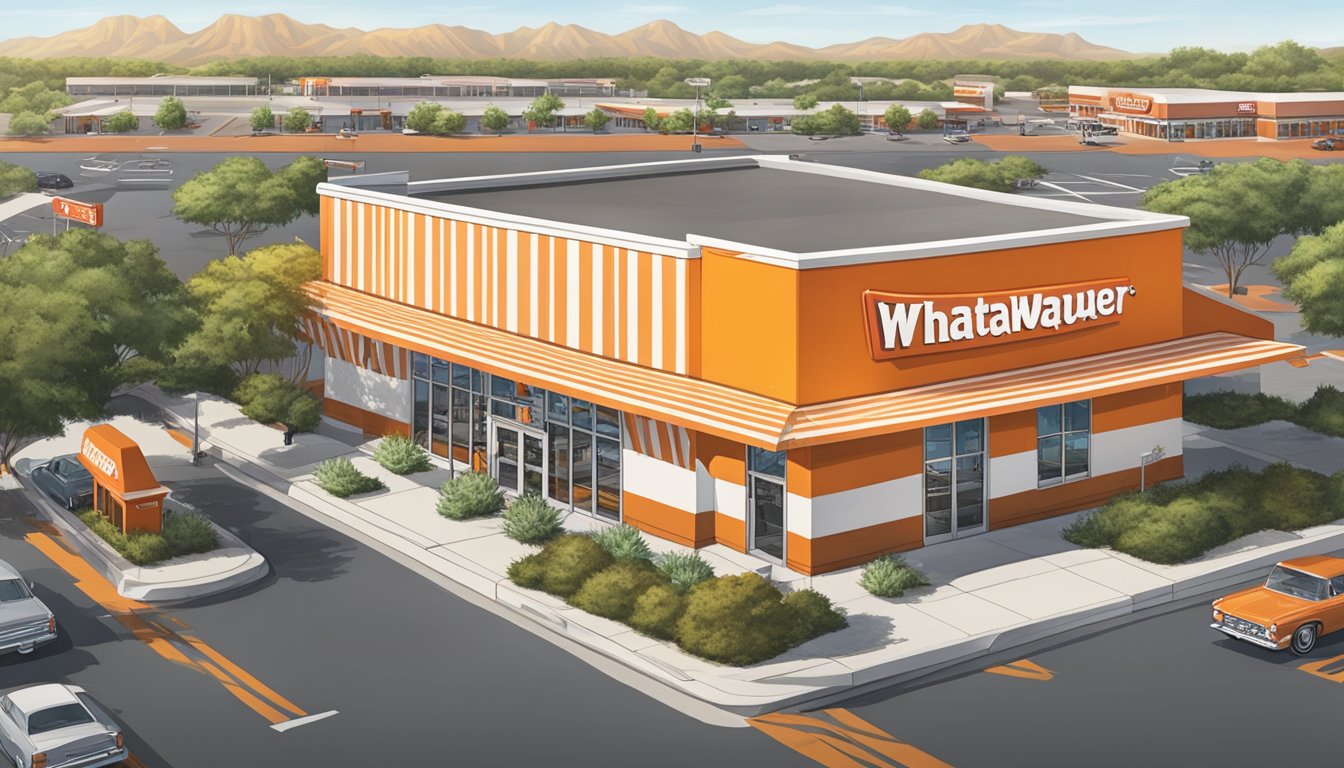 A bustling Whataburger restaurant surrounded by a sprawling parking lot and neighboring businesses. The iconic orange and white striped building stands out against the surrounding landscape