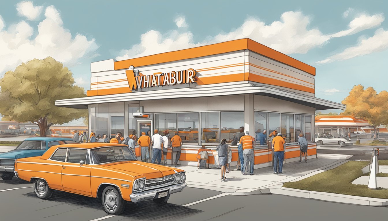 A bustling Whataburger restaurant in Little Rock, Arkansas, with the iconic orange and white striped exterior and a line of customers at the drive-thru