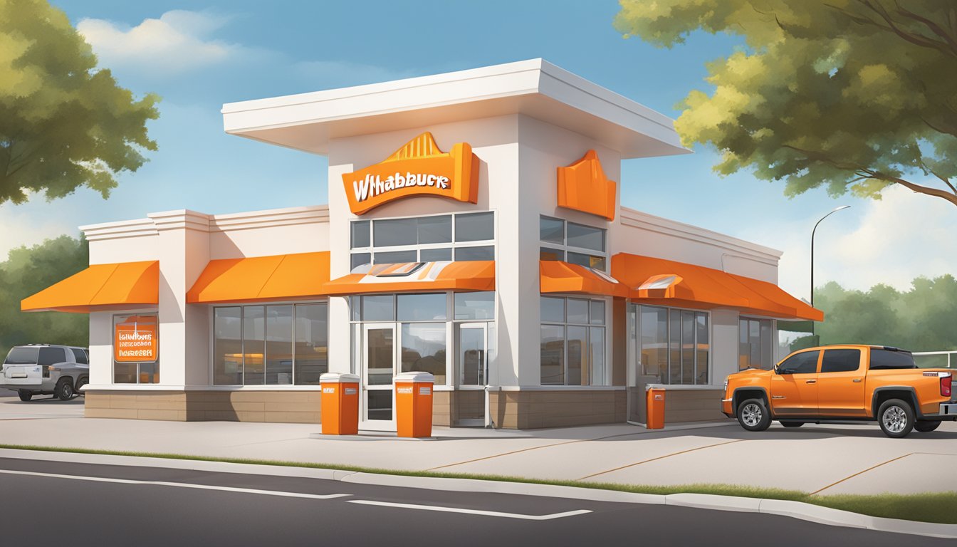 A bustling Whataburger location in Little Rock, Arkansas, with a bright orange and white exterior, drive-thru lane, and outdoor seating area