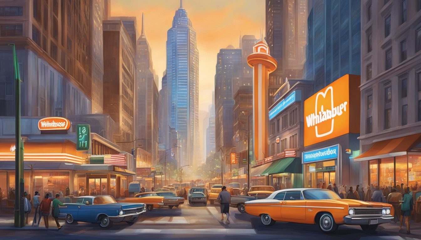 A bustling city street with a prominent WhatABurger sign towering over the surrounding buildings. Bright lights and vibrant colors draw attention to the fast-food restaurant