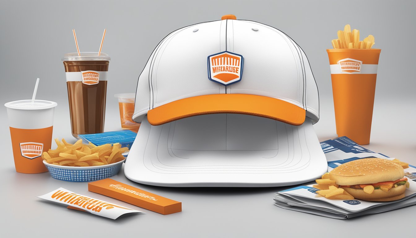 A WhatABurger cap sitting on a table surrounded by various marketing and sales channels materials