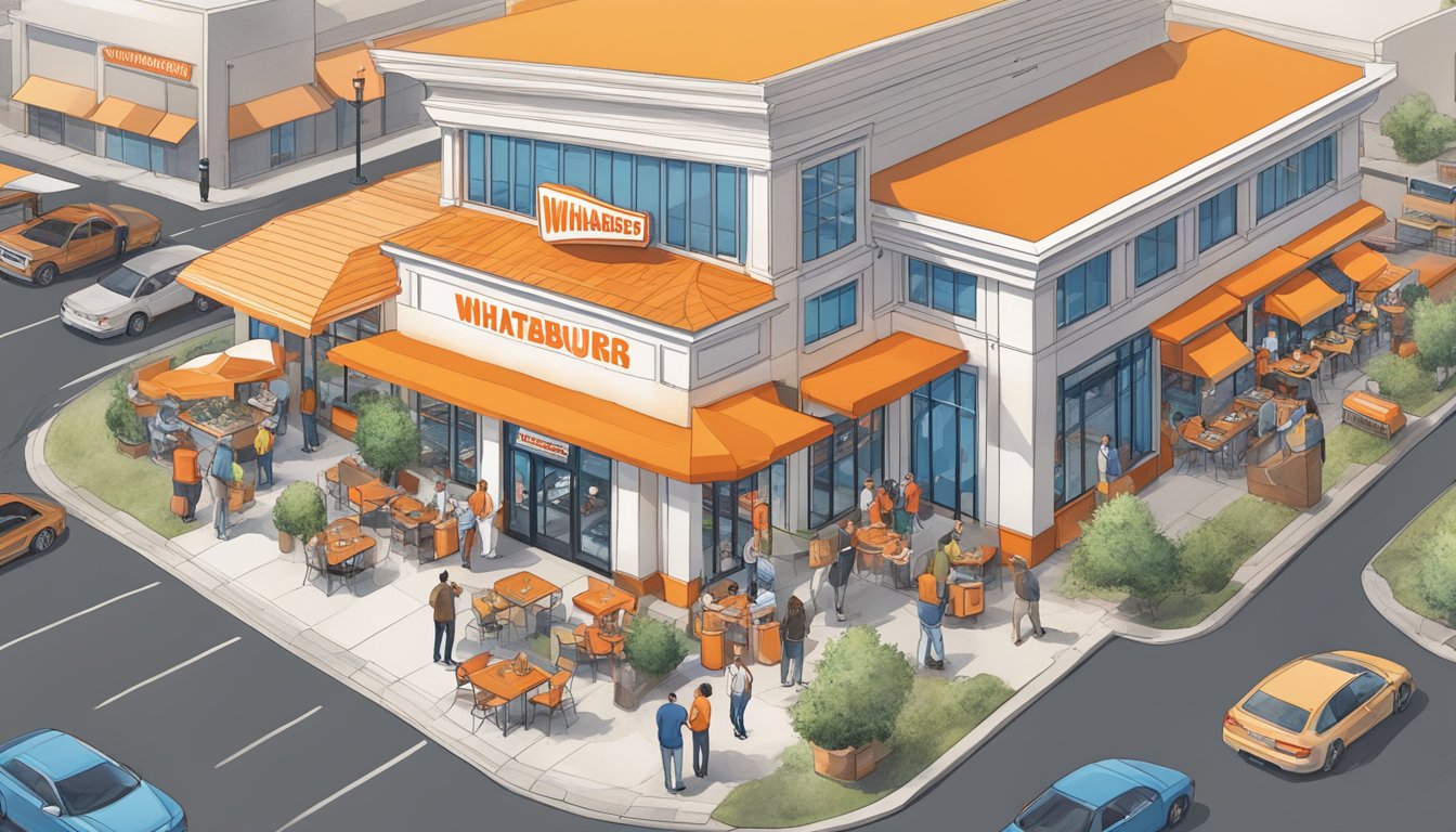 A Whataburger restaurant surrounded by various businesses and organizations, with people interacting and collaborating outside