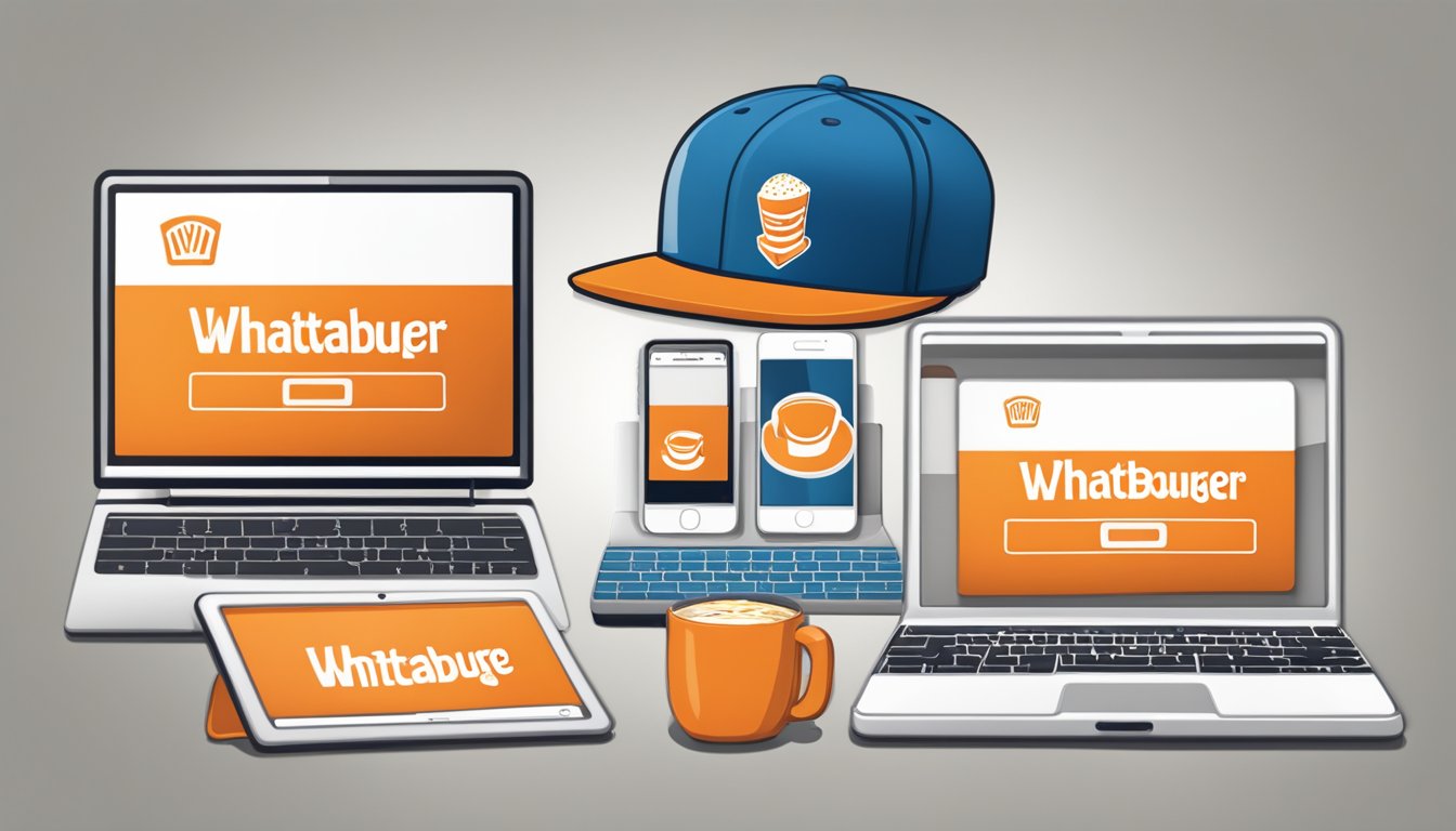 A laptop displaying a Whataburger cap next to a smartphone and tablet with social media icons