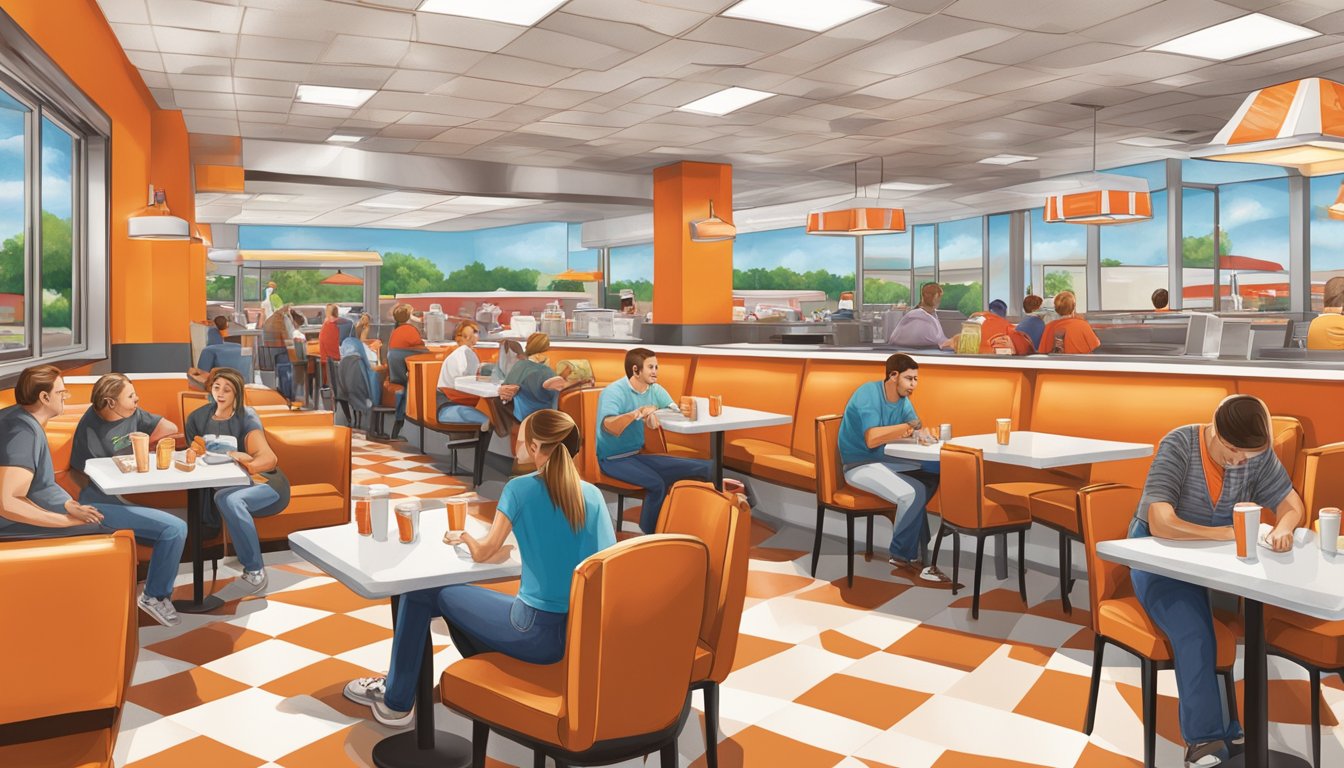 A bustling Whataburger restaurant in Little Rock, Arkansas, with customers enjoying their meals at red and white checkered tables