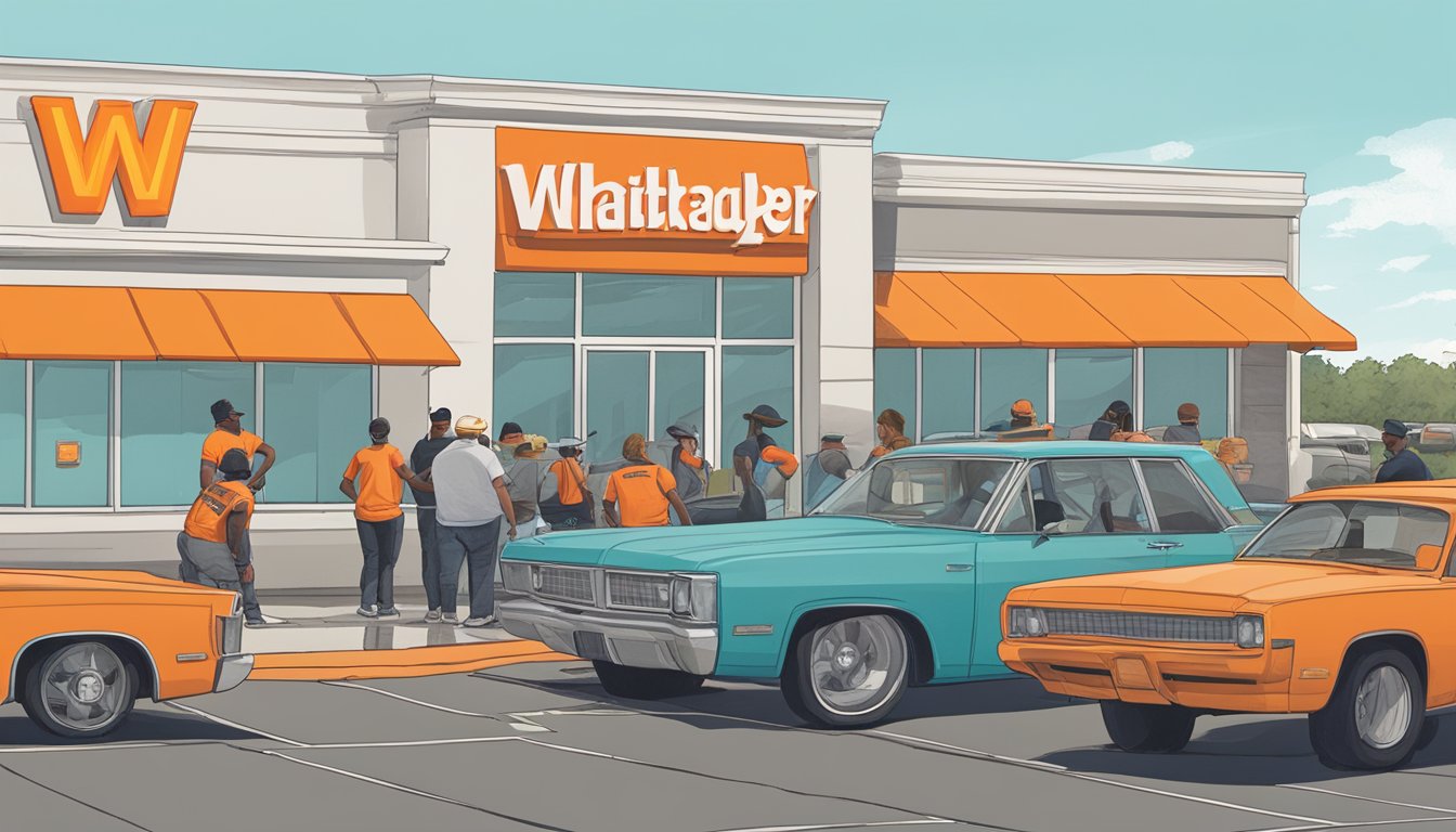 Customers ordering at a WhatABurger drive-thru in Little Rock, Arkansas, with cars lined up and a delivery driver waiting outside the restaurant