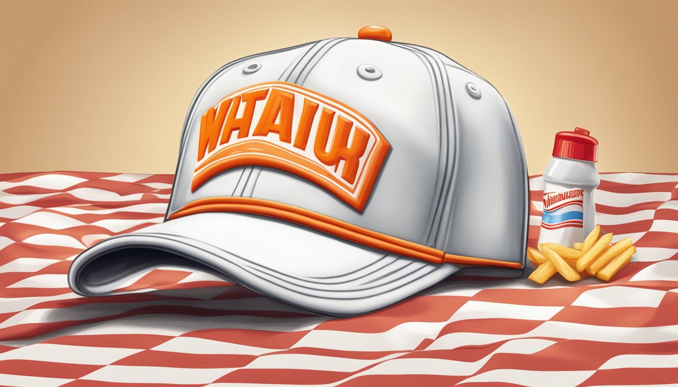 A classic Whataburger cap sits on a checkered tablecloth, with a ketchup bottle and fries nearby