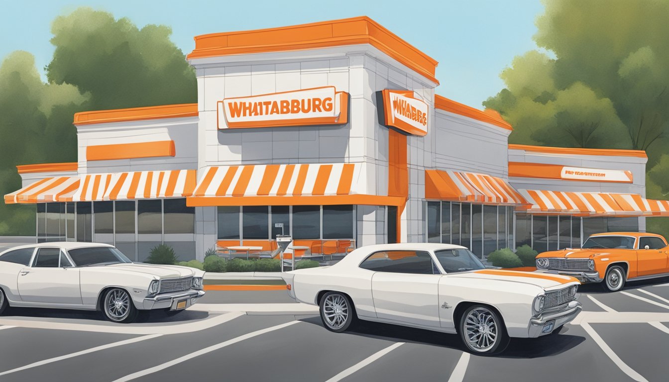 The iconic orange and white striped building of Whataburger in Little Rock, Arkansas, with a line of cars waiting at the drive-thru and a large sign advertising the loyalty and rewards program