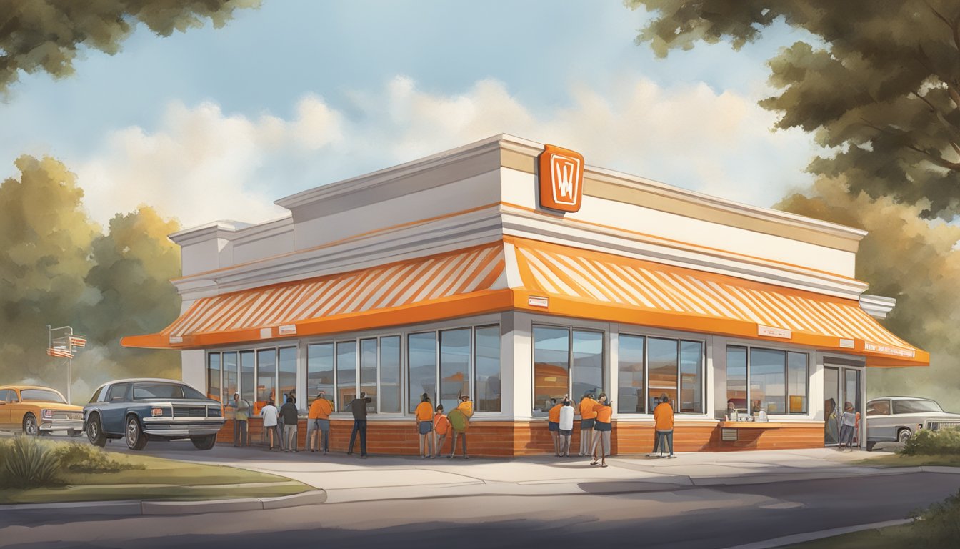 A bustling Whataburger location in Little Rock, Arkansas, with its iconic orange and white striped building and a drive-thru line of eager customers