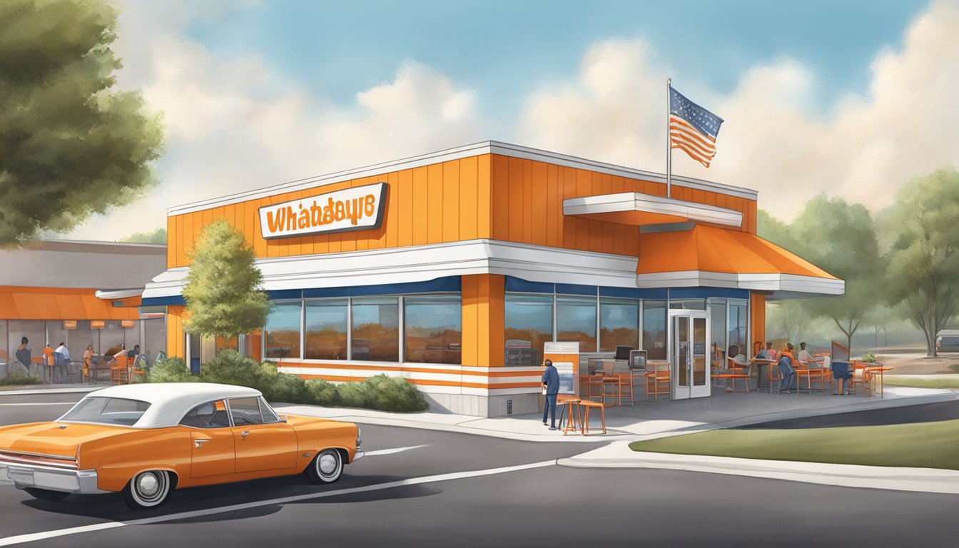 A bustling Whataburger in Little Rock, Arkansas, with a drive-thru, outdoor seating, and the iconic orange and white striped building