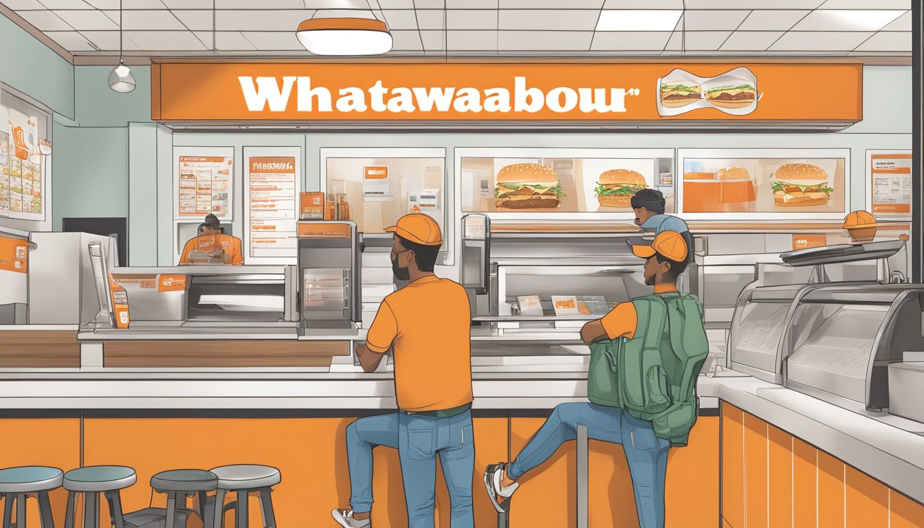 Customers ordering at a Whataburger counter with a locator map displayed nearby