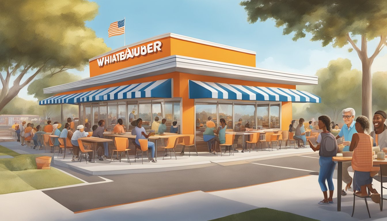 A Whataburger restaurant surrounded by a diverse community, with people of different ages and backgrounds coming together to enjoy a meal