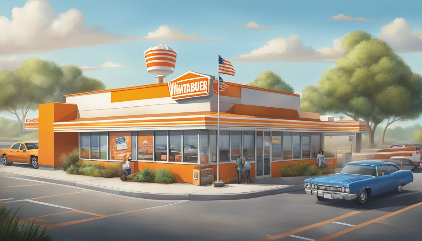 A bustling Whataburger restaurant with a prominent locator sign, surrounded by various career opportunities advertisements