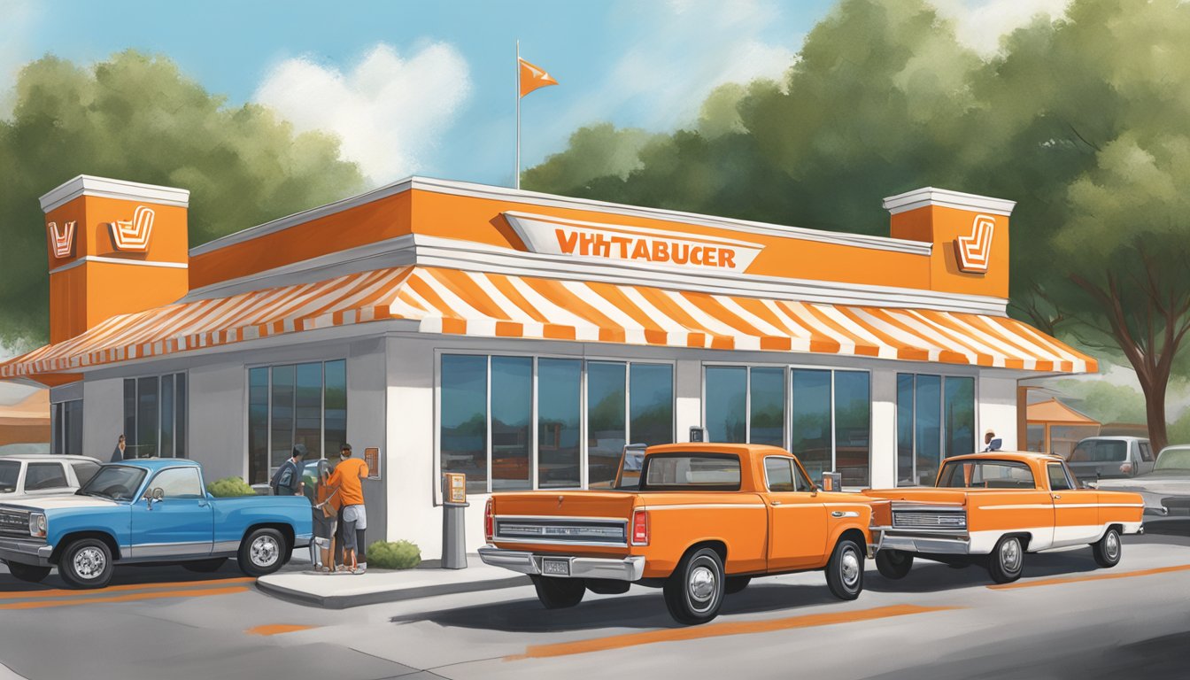 A bustling Whataburger in Arlington with a drive-thru, outdoor seating, and the iconic orange and white striped building