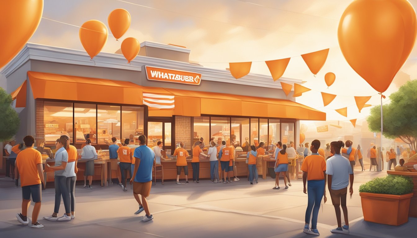 A bustling Whataburger restaurant with a long line of customers, employees wearing orange uniforms, and a festive atmosphere with balloons and banners