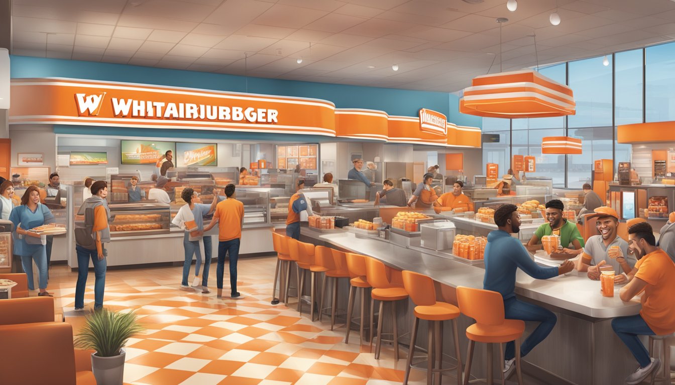 A bustling Whataburger restaurant with a prominent locator sign, surrounded by branded merchandise and happy customers