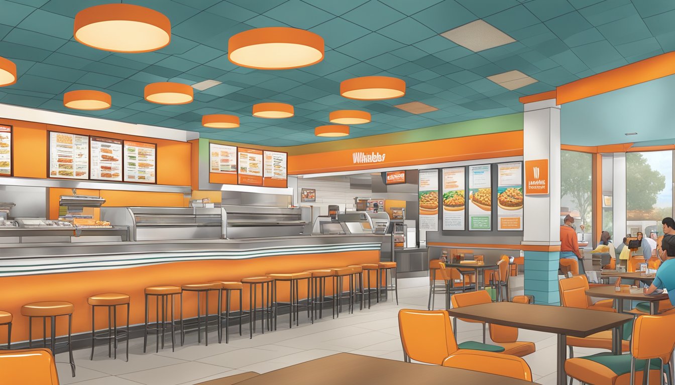 A bustling Whataburger restaurant in Arlington, with colorful menu highlights displayed above the counter