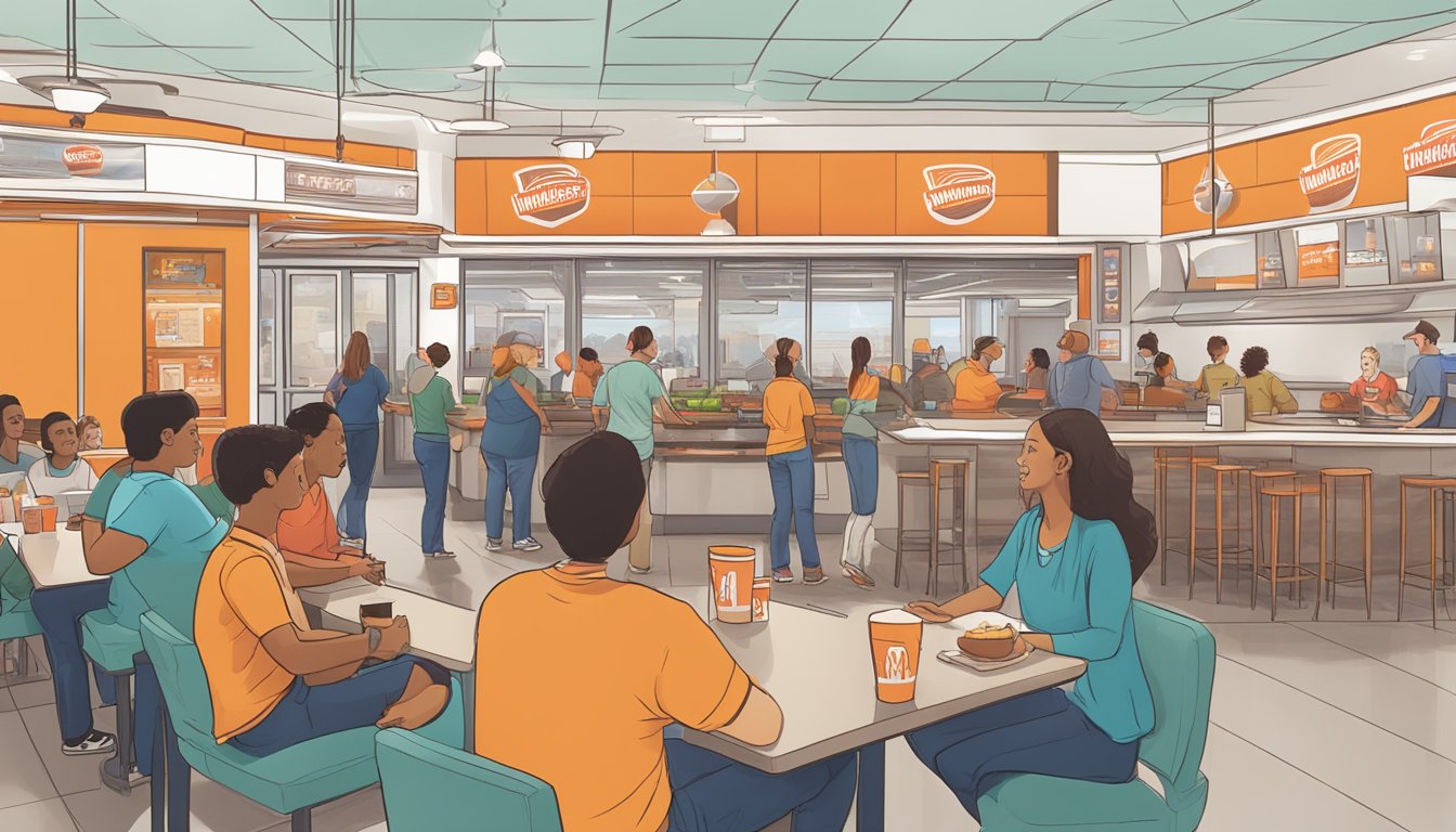 A bustling Whataburger restaurant with a line of customers waiting to order, while others sit at tables enjoying their meals. A feedback box is prominently displayed near the entrance