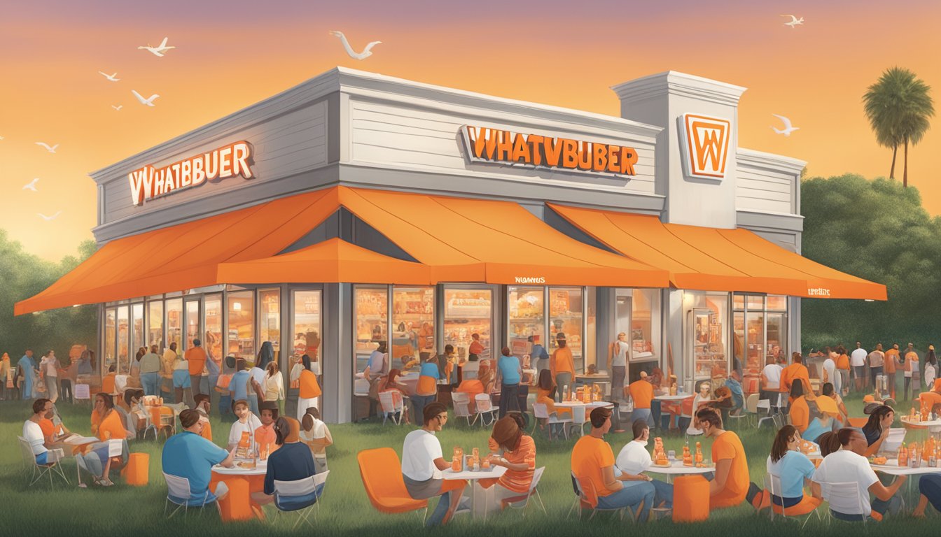 A festive outdoor event with people enjoying food and drinks, surrounded by branded merchandise and memorabilia, with the Whataburger logo prominently displayed