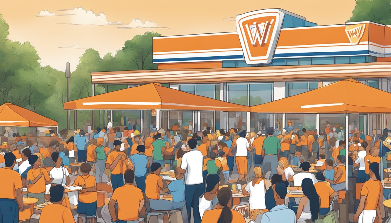 A crowded outdoor event with a large Whataburger logo backdrop, tables with educational materials, and people interacting with staff