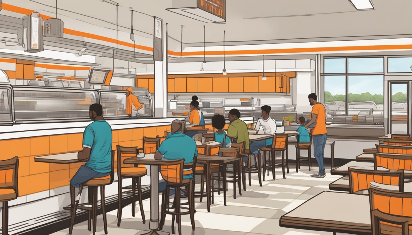 The WhatABurger in Arlington is quiet during non-peak hours, with empty tables and a few customers ordering at the counter. The staff is seen preparing food behind the counter