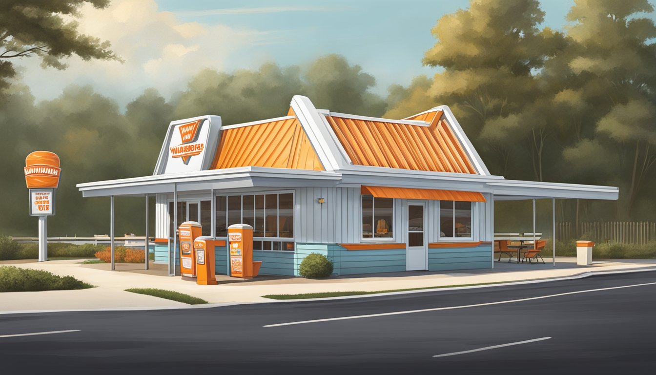 A vintage Whataburger restaurant in Lavonia, GA, with a classic A-frame roof, retro signage, and a drive-thru window