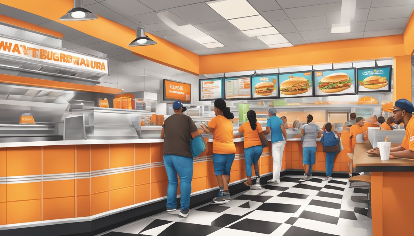 A bustling Whataburger restaurant in Lavonia, GA, with a colorful menu board and customers ordering at the counter