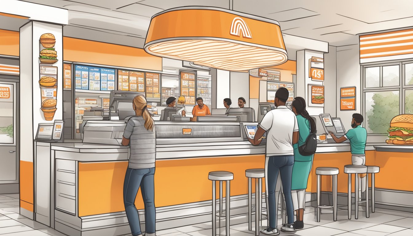 Customers ordering at Whataburger counter, while staff member explains customer rewards program