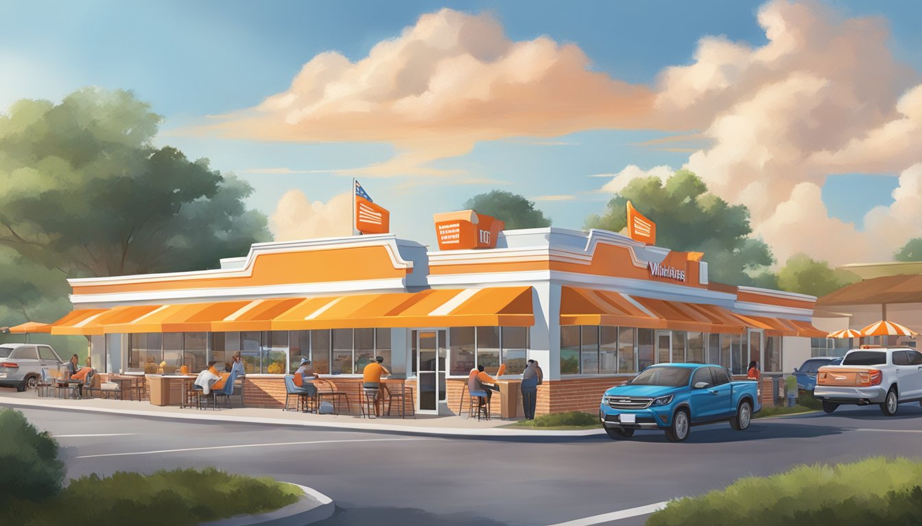 A bustling Whataburger restaurant in Lavonia, GA, with colorful signage and a busy drive-thru. Outdoor seating area with umbrellas and a steady stream of customers