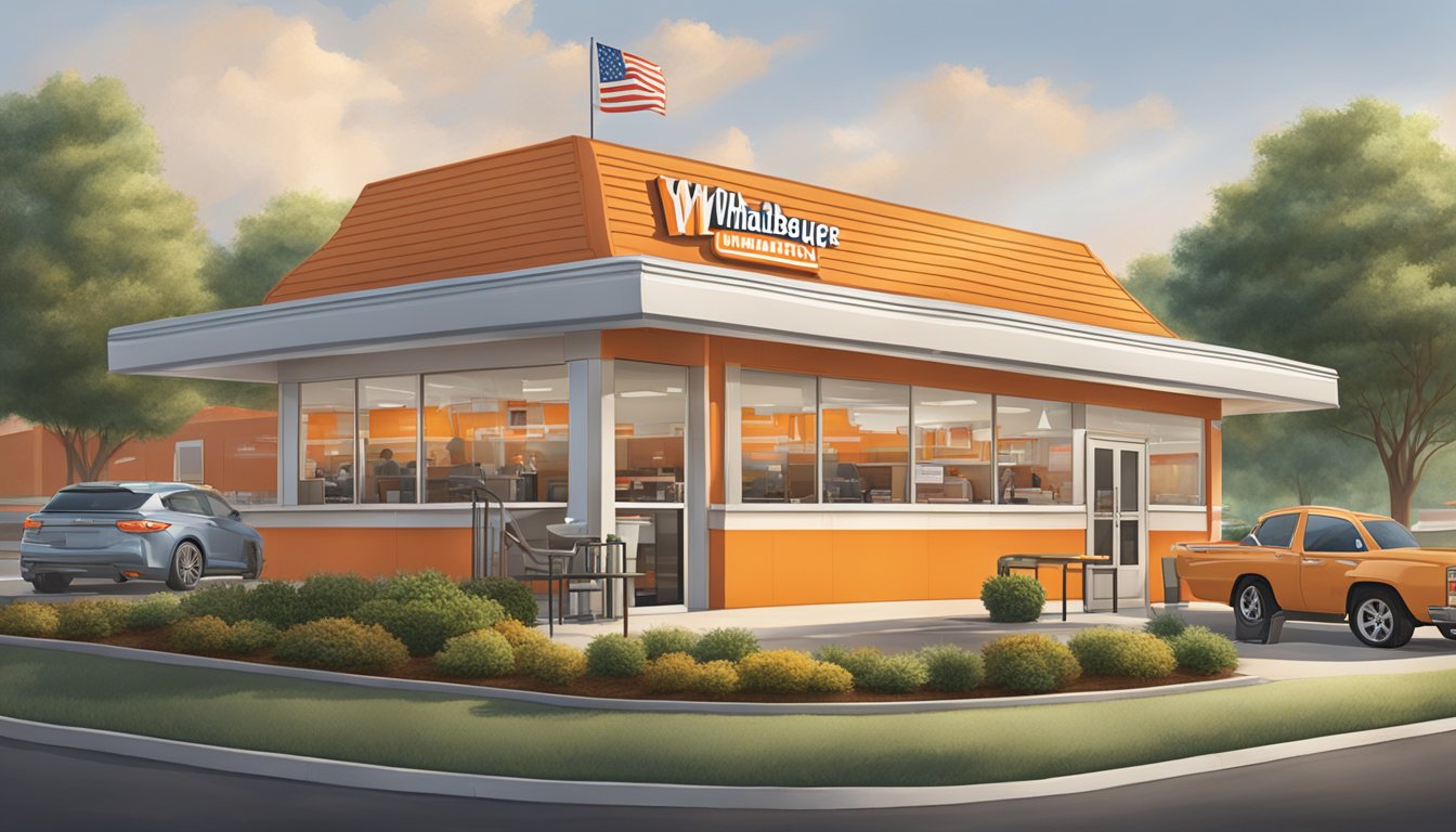 A bustling Whataburger restaurant in Lavonia, GA with a drive-thru, outdoor seating, and a "Now Hiring" sign in the window