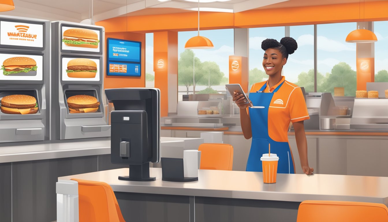 A customer effortlessly orders and pays for their meal using a digital interface at a clean and modern Whataburger restaurant