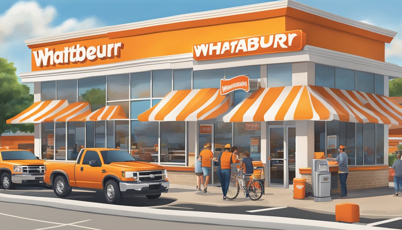 A bustling Whataburger in Lavonia, GA with customers enjoying their meals, employees serving with smiles, and a vibrant community atmosphere