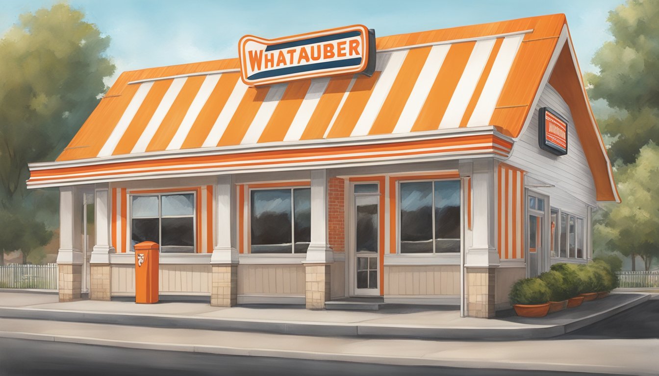 A vintage Whataburger restaurant in Fayetteville, GA with a classic A-frame roof, red and white striped awnings, and a large orange and white striped sign