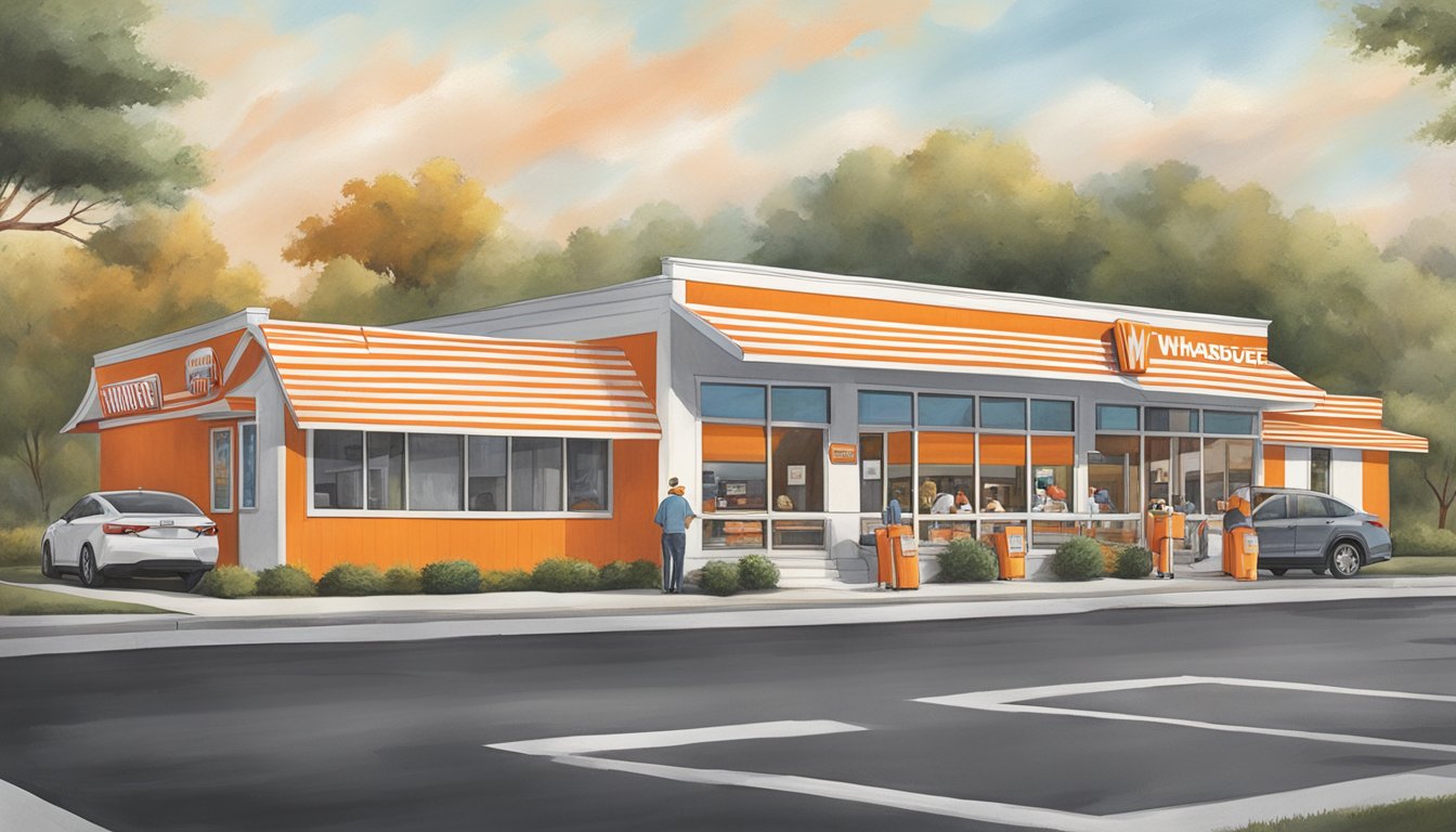 A bustling Whataburger in Lavonia, GA, stands out among competitors with its distinctive orange and white striped building and a long line of hungry customers