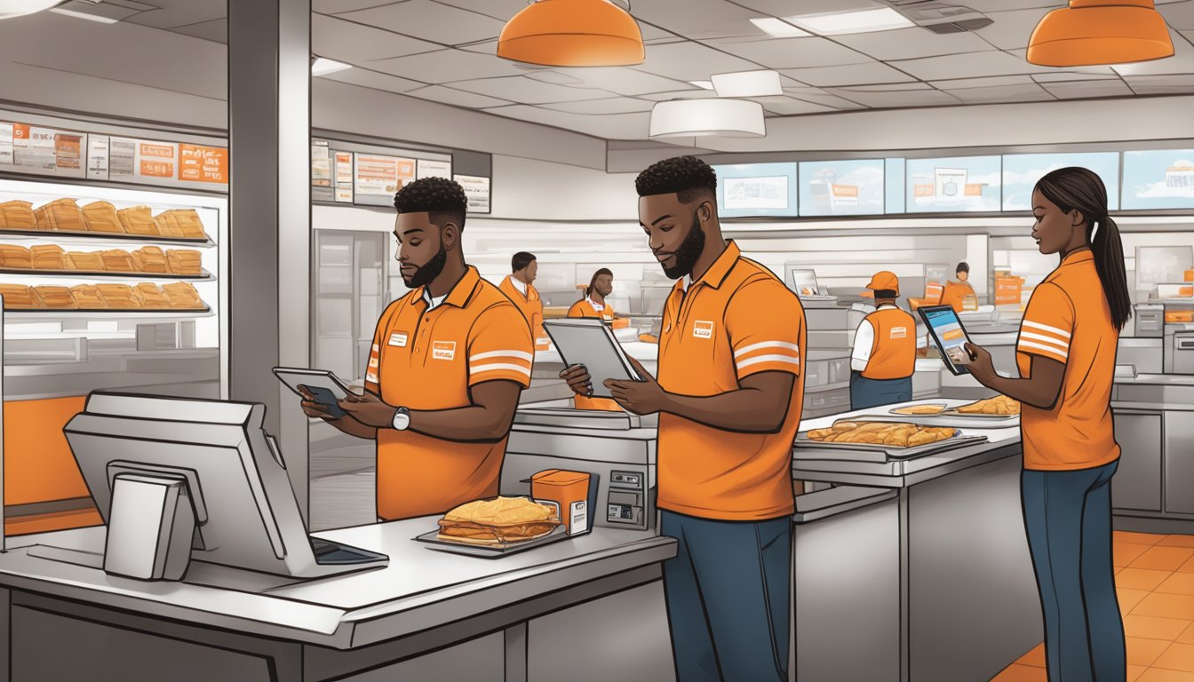 Whataburger employees using tablets to take orders and process payments, with a streamlined and efficient paperless system in place