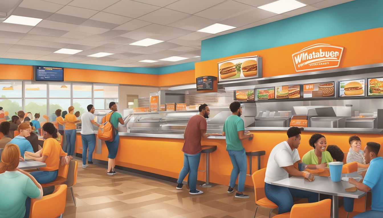 A bustling Whataburger restaurant in Fayetteville, GA with a colorful menu board and customers placing orders at the counter