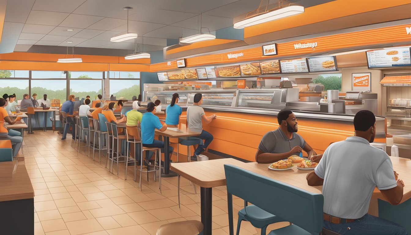 A bustling Whataburger restaurant in Fayetteville, GA, with customers enjoying their meals at booths and tables, and staff members busy behind the counter