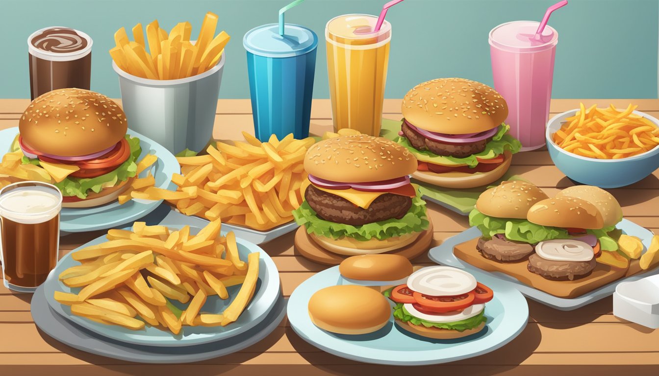 A table with a variety of food items, including burgers, fries, and drinks, with a focus on the nutritional information labels