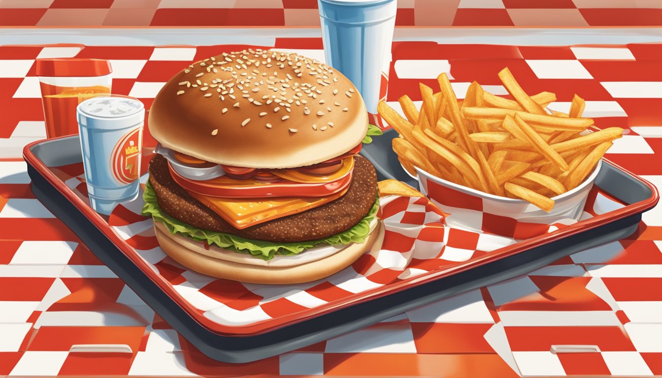 A sizzling Whataburger patty melt on a sesame seed bun, surrounded by crispy fries and a cold drink, all set on a red and white checkered tray