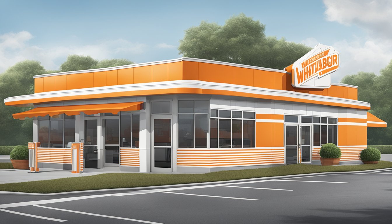 A Whataburger restaurant in Fayetteville, Georgia, with the iconic orange and white striped building, drive-thru lanes, and outdoor seating area