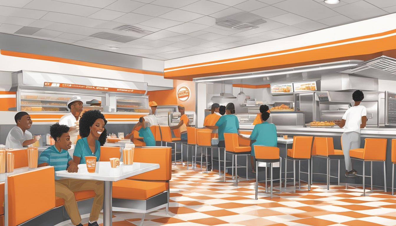 A bustling Whataburger in Fayetteville, GA, with customers enjoying their meals and engaging with the friendly staff. The iconic orange and white color scheme is prominent in the restaurant's decor