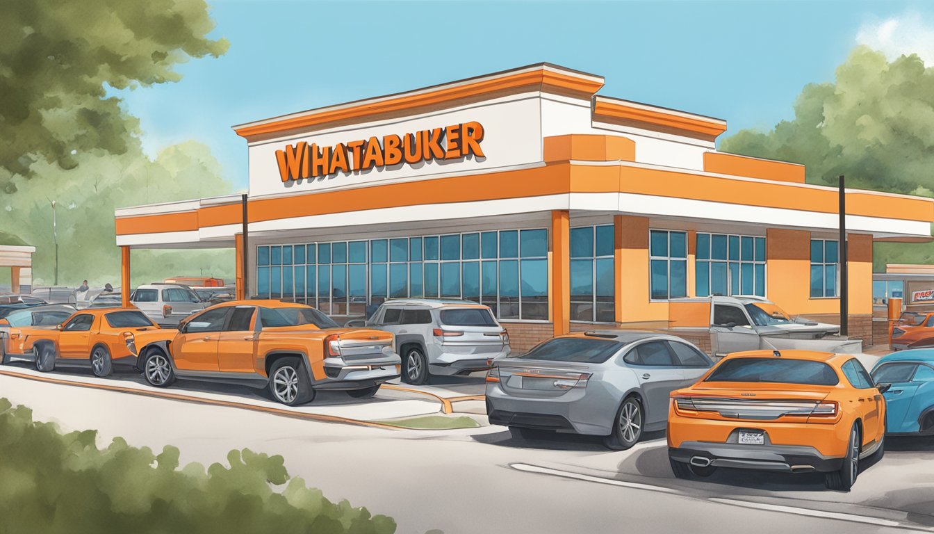 A bustling Whataburger restaurant in Fayetteville, GA with a line of cars at the drive-thru and a busy dining area