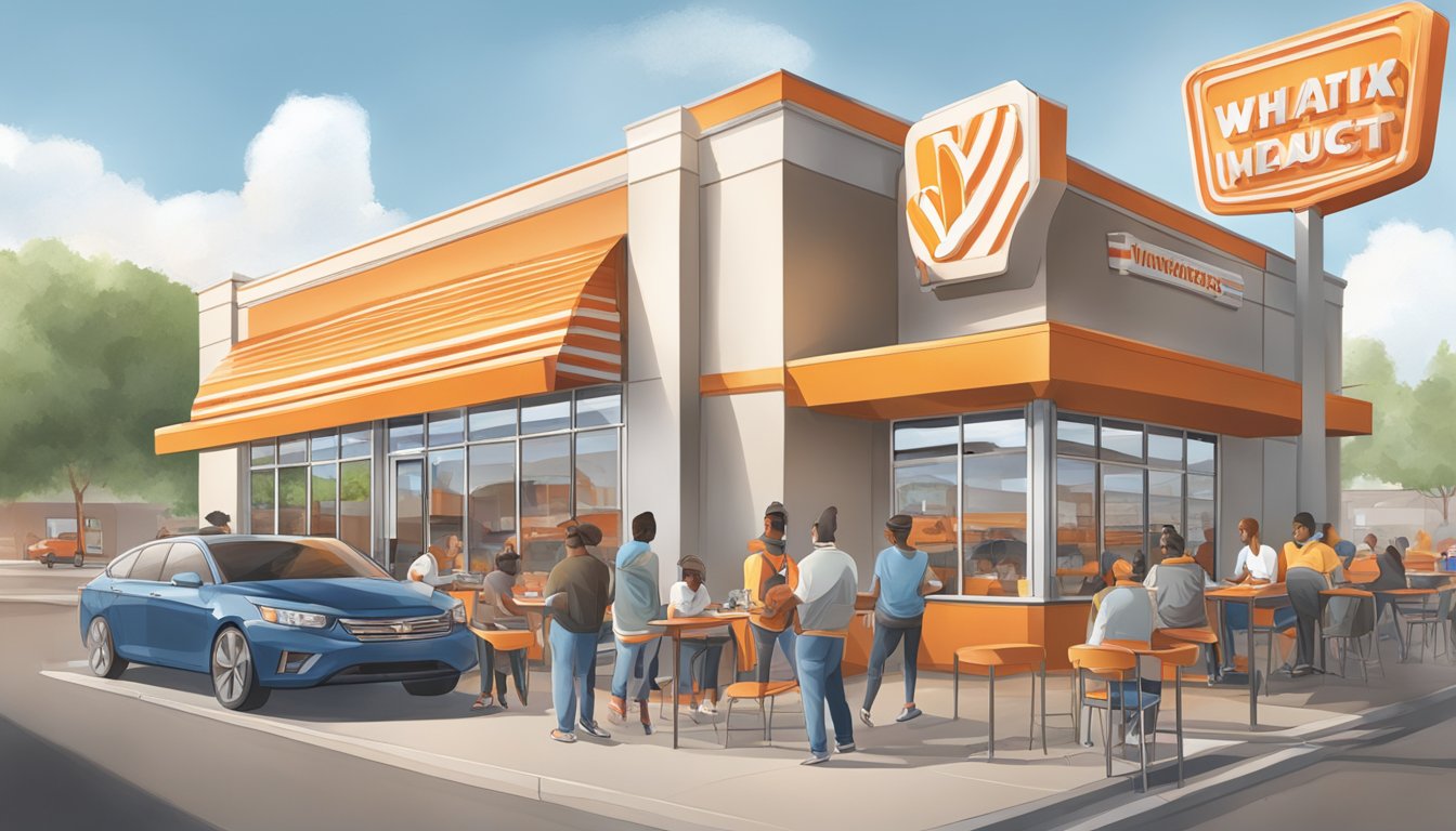 A bustling Whataburger restaurant in Fayetteville, GA, with customers enjoying their meals and leaving feedback