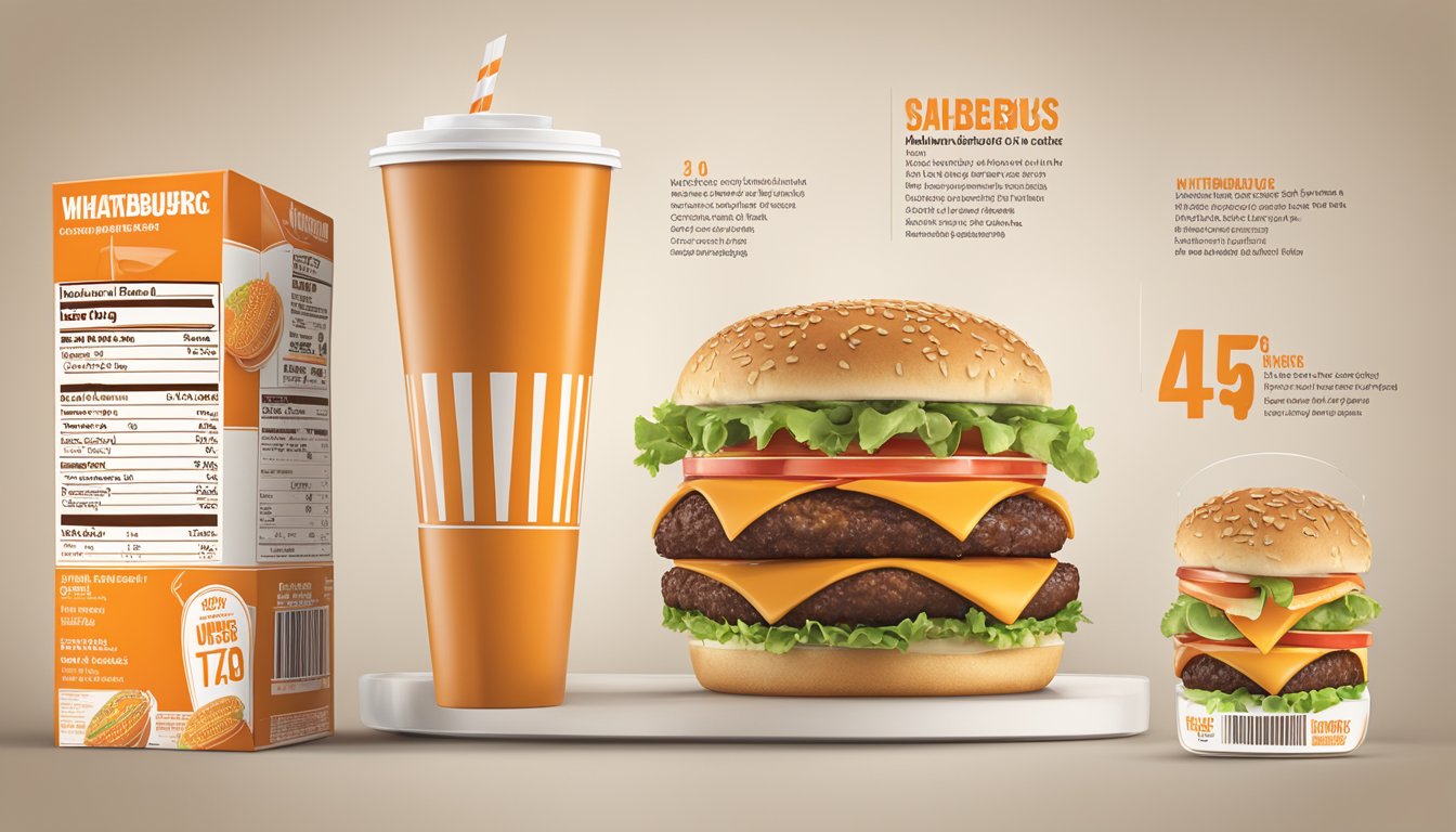 A table set with a Whataburger meal, including a burger, fries, and a drink, with the nutritional information displayed on the packaging