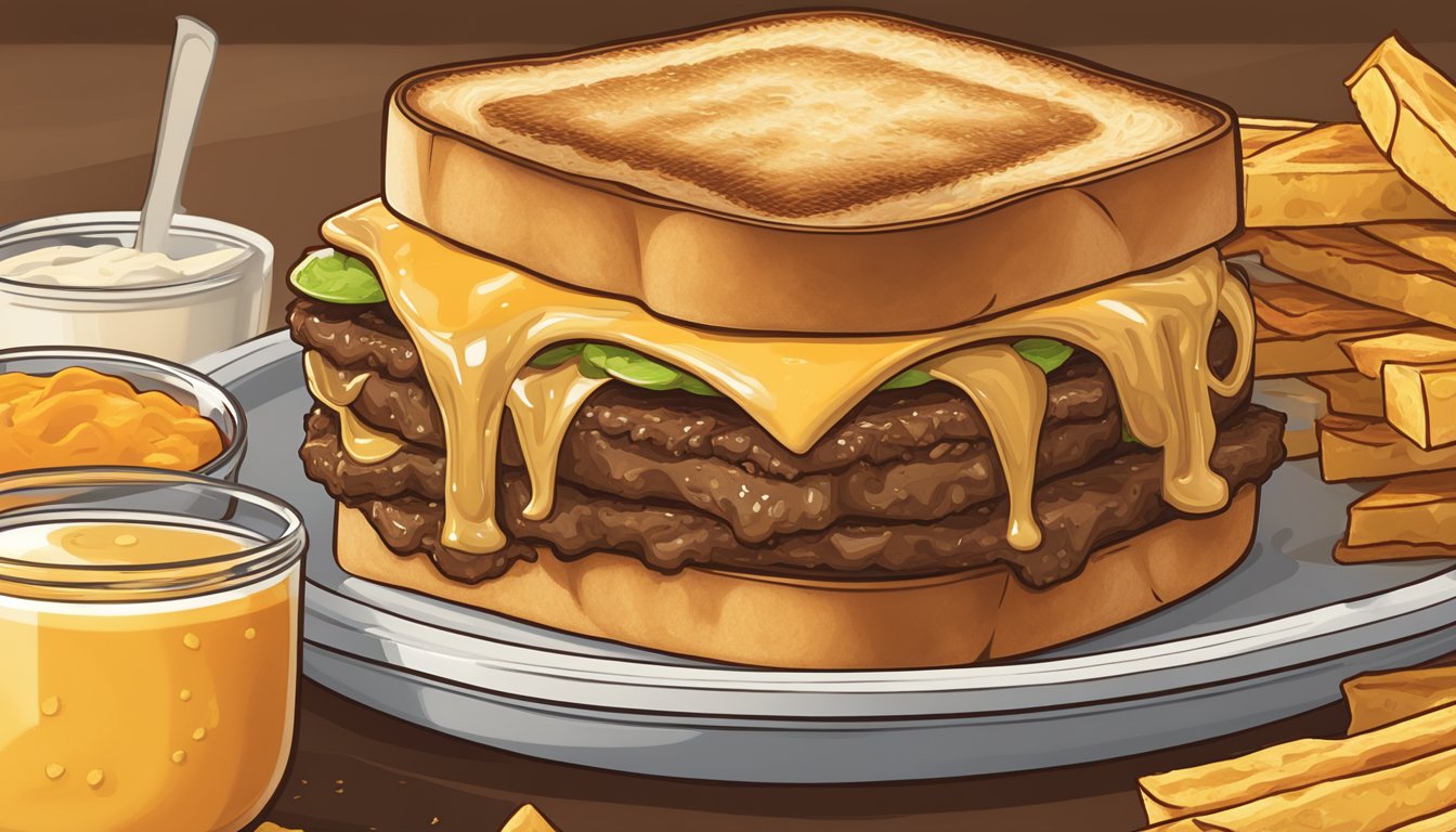 A sizzling Whataburger patty melt surrounded by melted cheese, grilled onions, and savory beef, all nestled between two toasted slices of golden-brown Texas toast