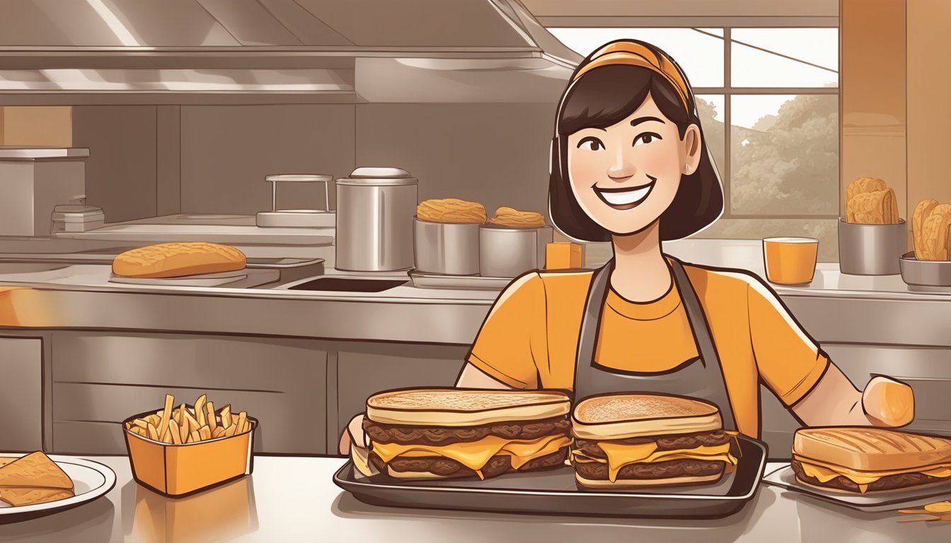 A customer eagerly unwraps a freshly made Whataburger patty melt, smiling as they take in the sight of the juicy beef patty, melted cheese, and grilled onions nestled between two toasted slices of bread