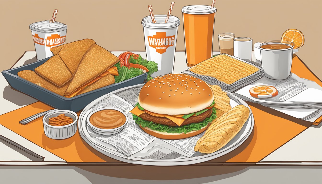 A table with a Whataburger meal surrounded by nutritional guides