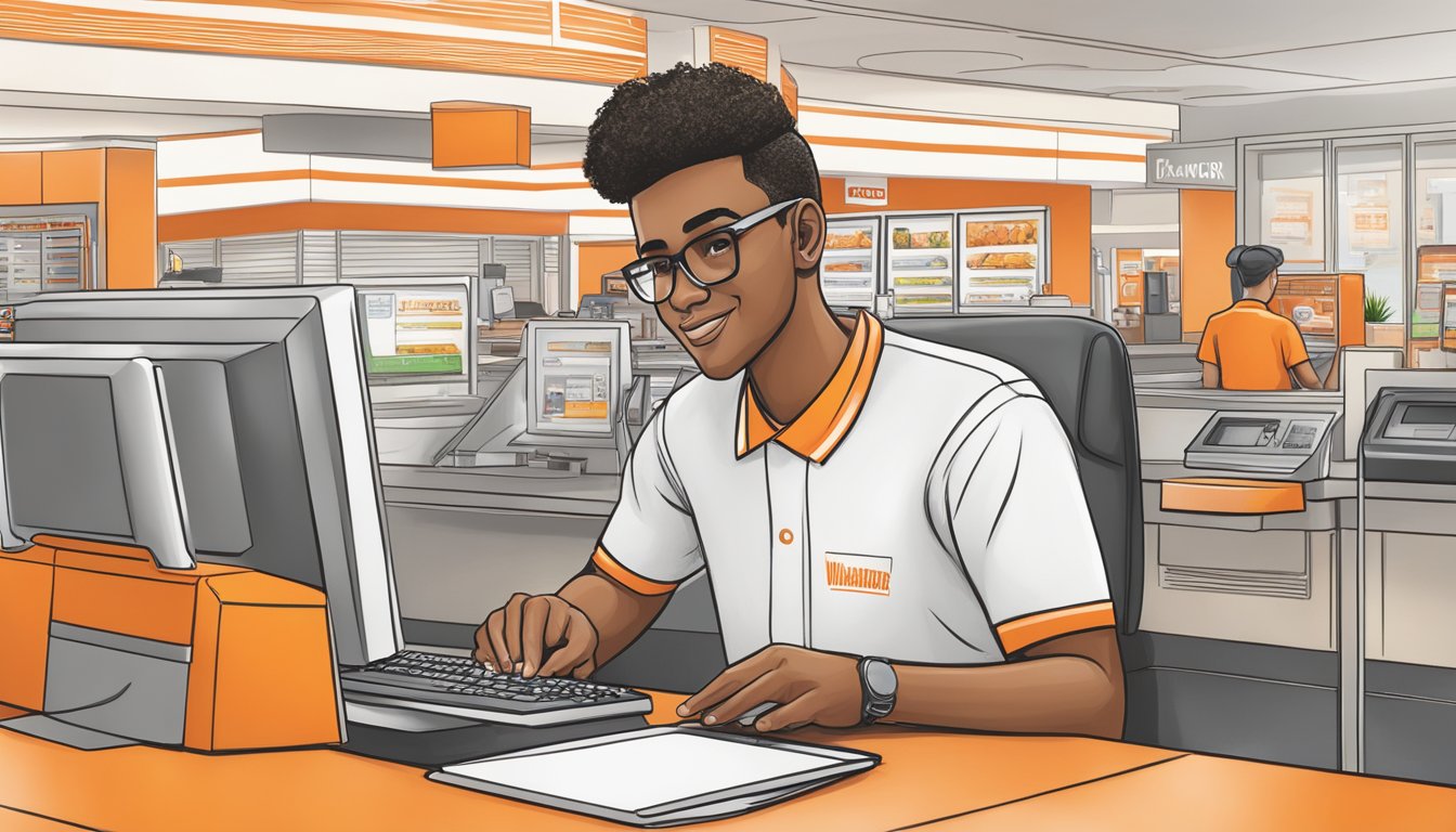 A Whataburger employee using a computer to log in to their career account