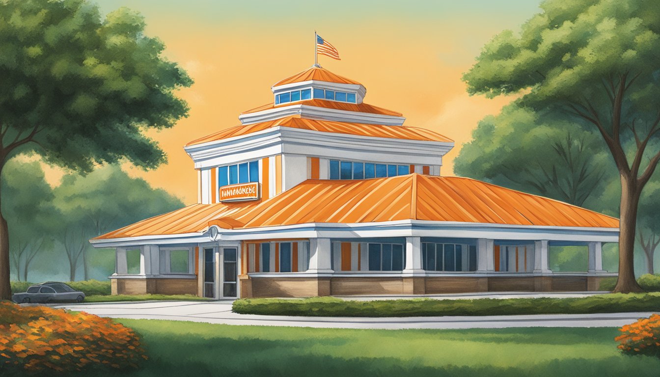 The Whataburger University building stands proudly with the iconic orange and white stripes, surrounded by lush green trees and a bright blue sky